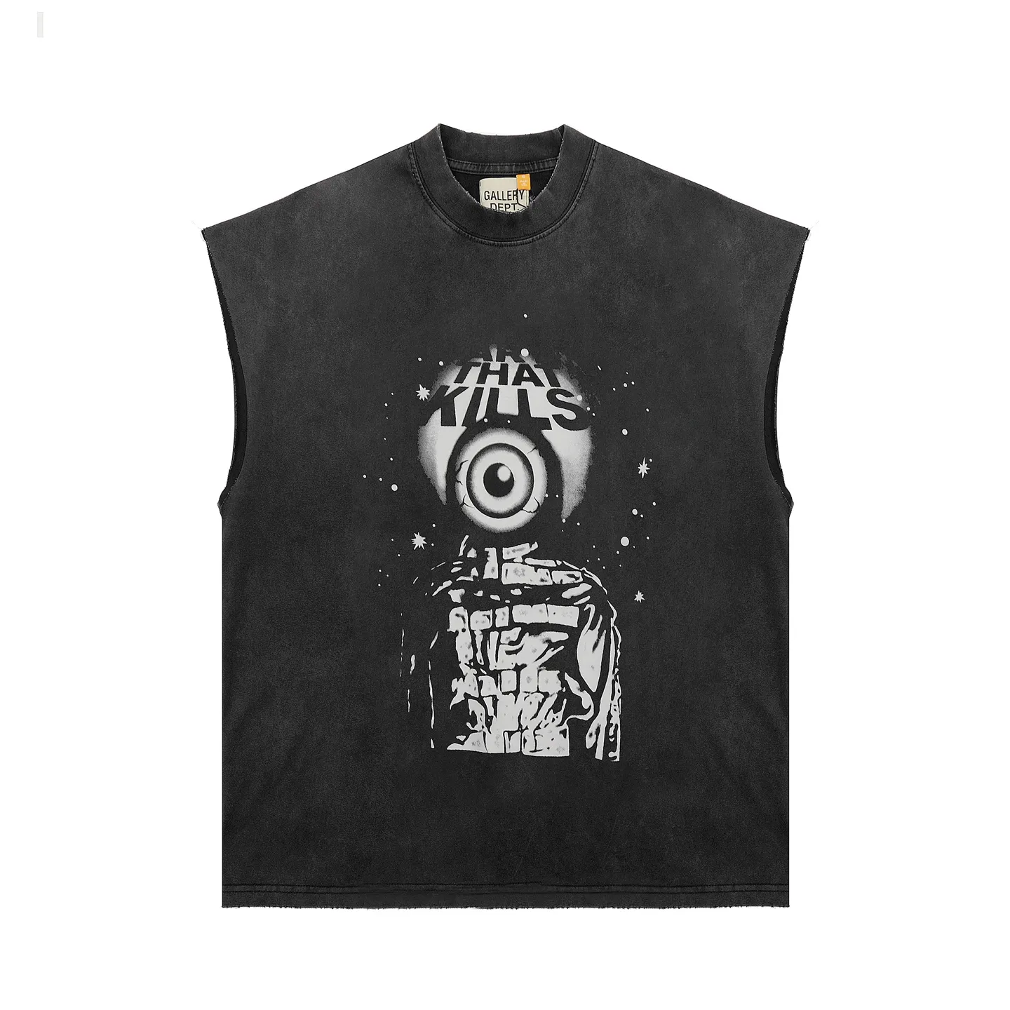 pt model number #G1005 P116 GALLERY DEPT. Distressed and frayed sleeveless waistcoat short-sleeved space portrait. Made of 280G double yarn pure cotton. The fabric is comfortable and stylish. After washing and distressing, the upper body becomes more fashionable and cool. The collar and hem are frayed. The US version is too large. Color: washed black. Size S/M/L/XL